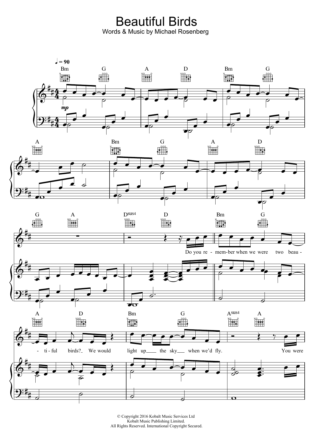 Passenger Beautiful Birds sheet music notes and chords arranged for Piano, Vocal & Guitar Chords