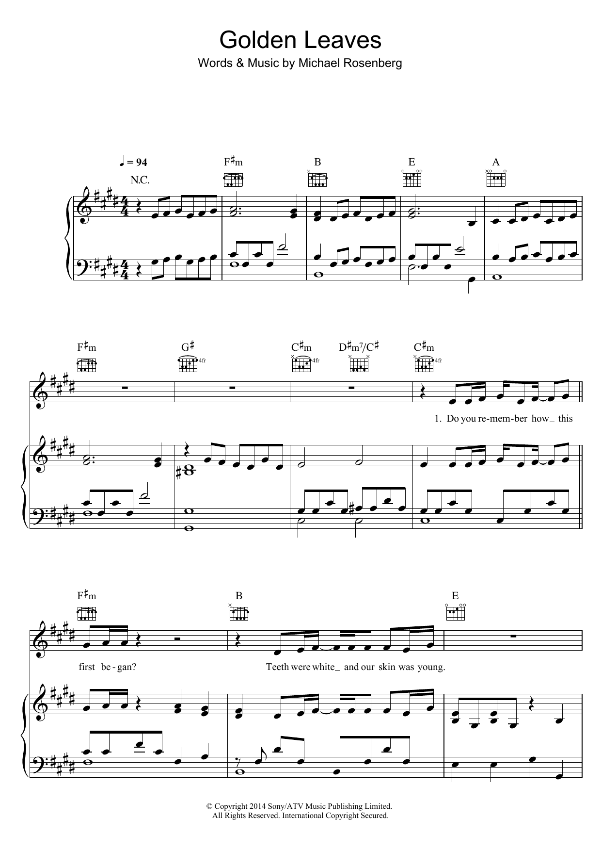Passenger Golden Leaves sheet music notes and chords arranged for Piano, Vocal & Guitar Chords
