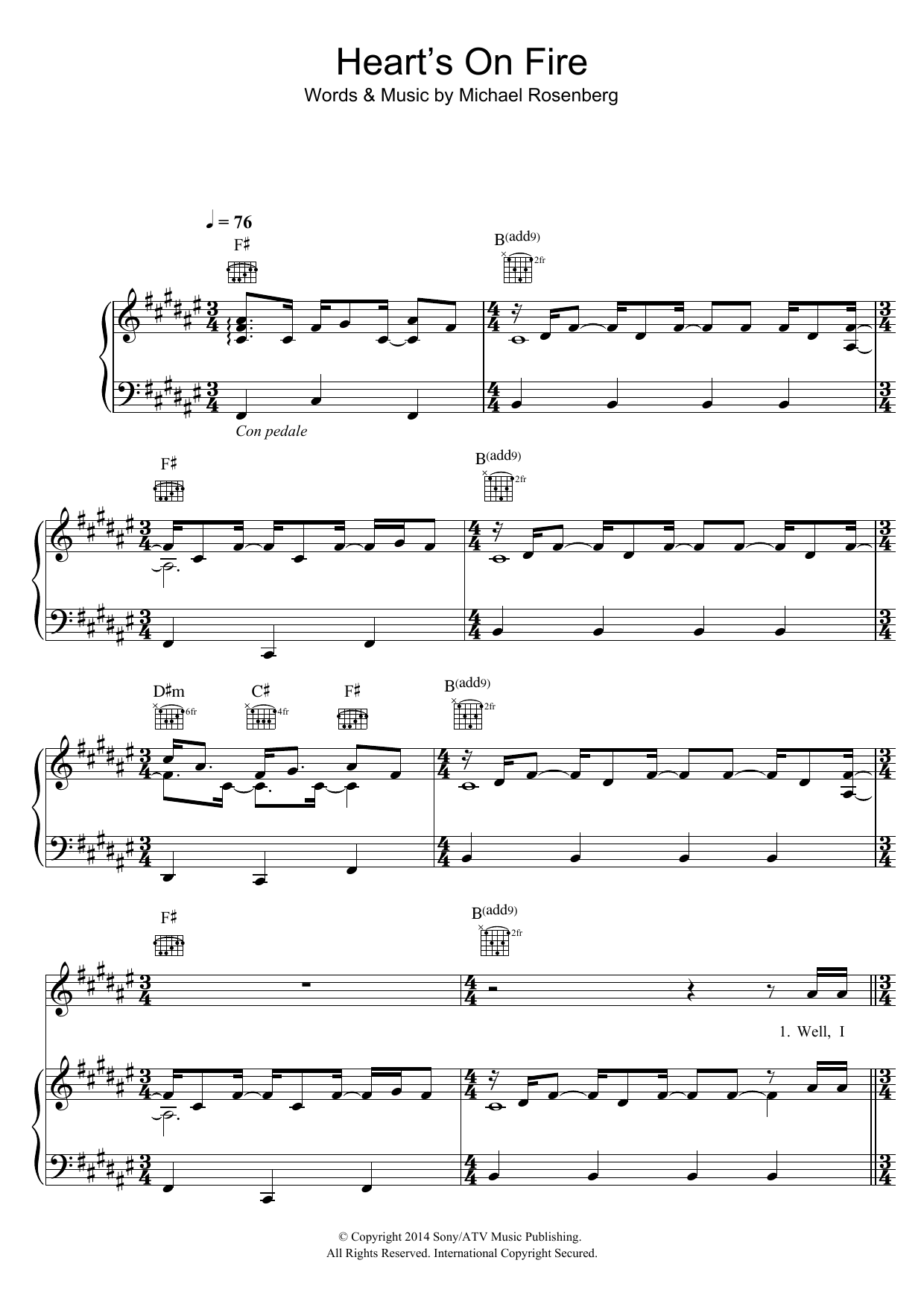 Passenger Heart's On Fire sheet music notes and chords arranged for Piano, Vocal & Guitar Chords