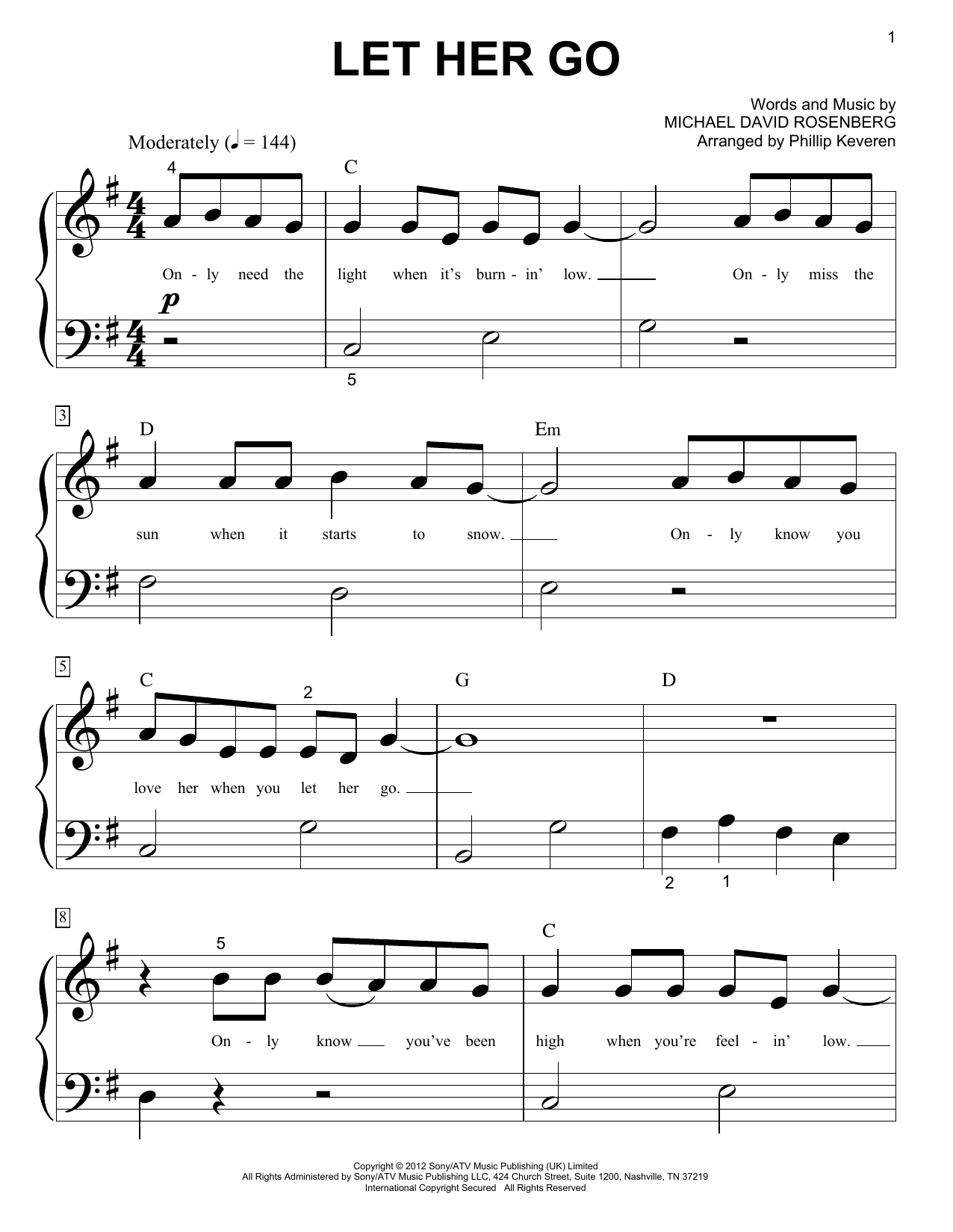 Passenger Let Her Go (arr. Phillip Keveren) sheet music notes and chords arranged for Big Note Piano