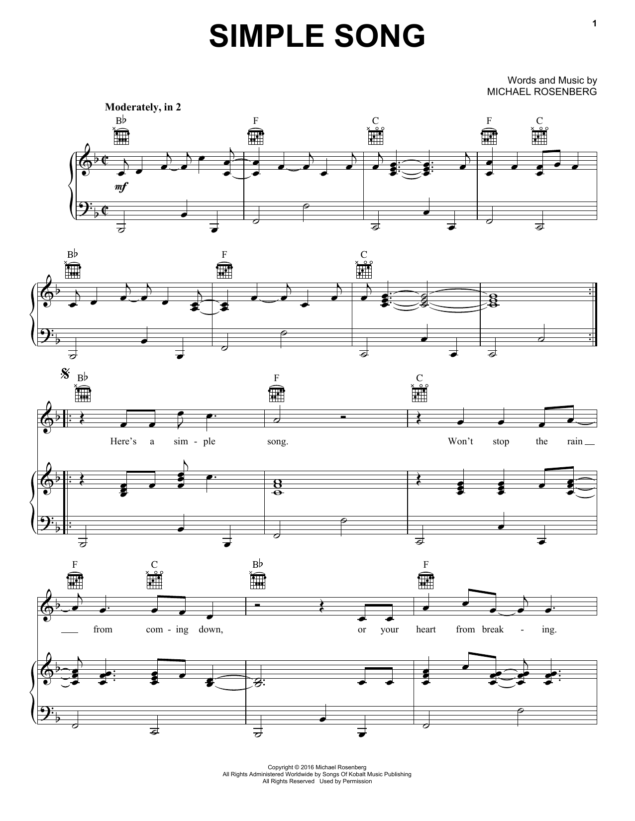 Passenger Simple Song sheet music notes and chords arranged for Piano, Vocal & Guitar Chords (Right-Hand Melody)
