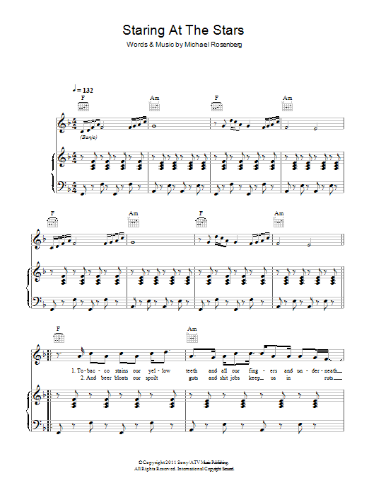 Passenger Staring At The Stars sheet music notes and chords arranged for Piano, Vocal & Guitar Chords