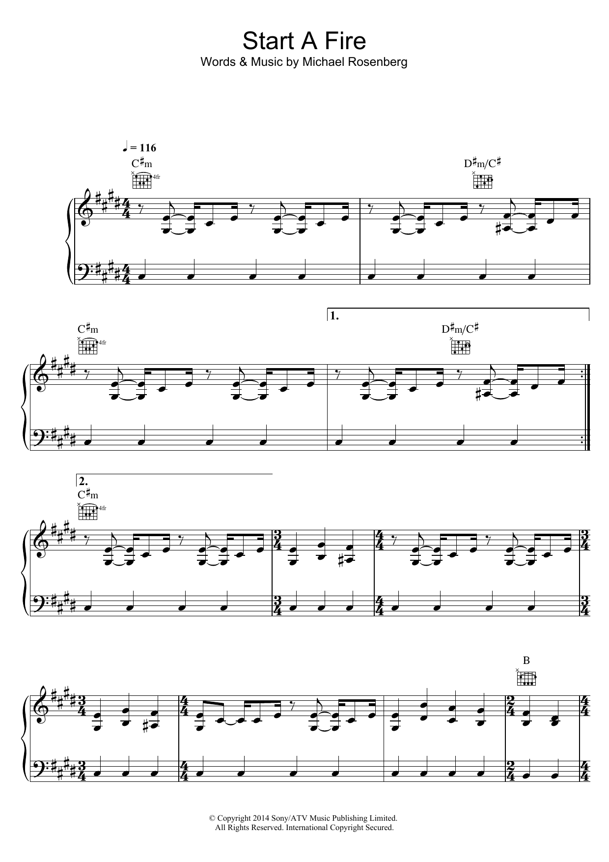 Passenger Start A Fire sheet music notes and chords arranged for Piano, Vocal & Guitar Chords