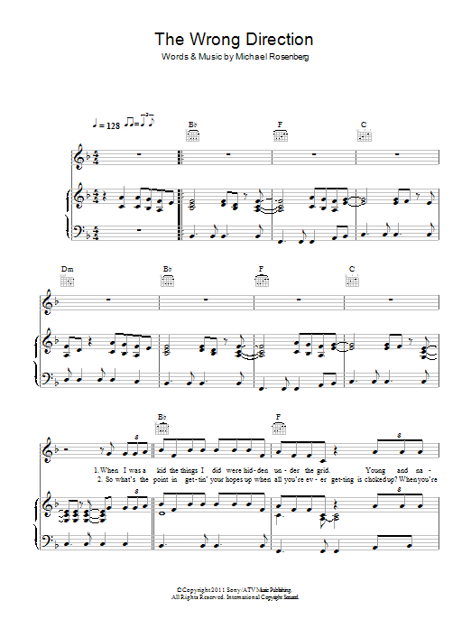 Passenger The Wrong Direction sheet music notes and chords arranged for Piano, Vocal & Guitar Chords