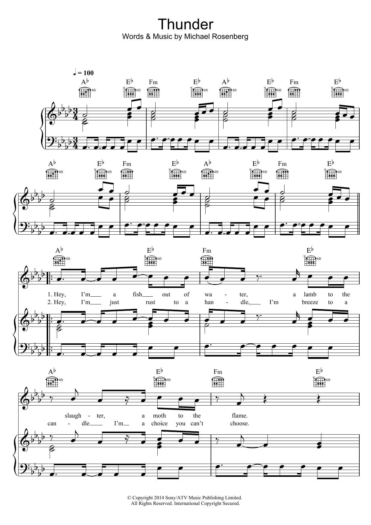 Passenger Thunder sheet music notes and chords arranged for Piano, Vocal & Guitar Chords