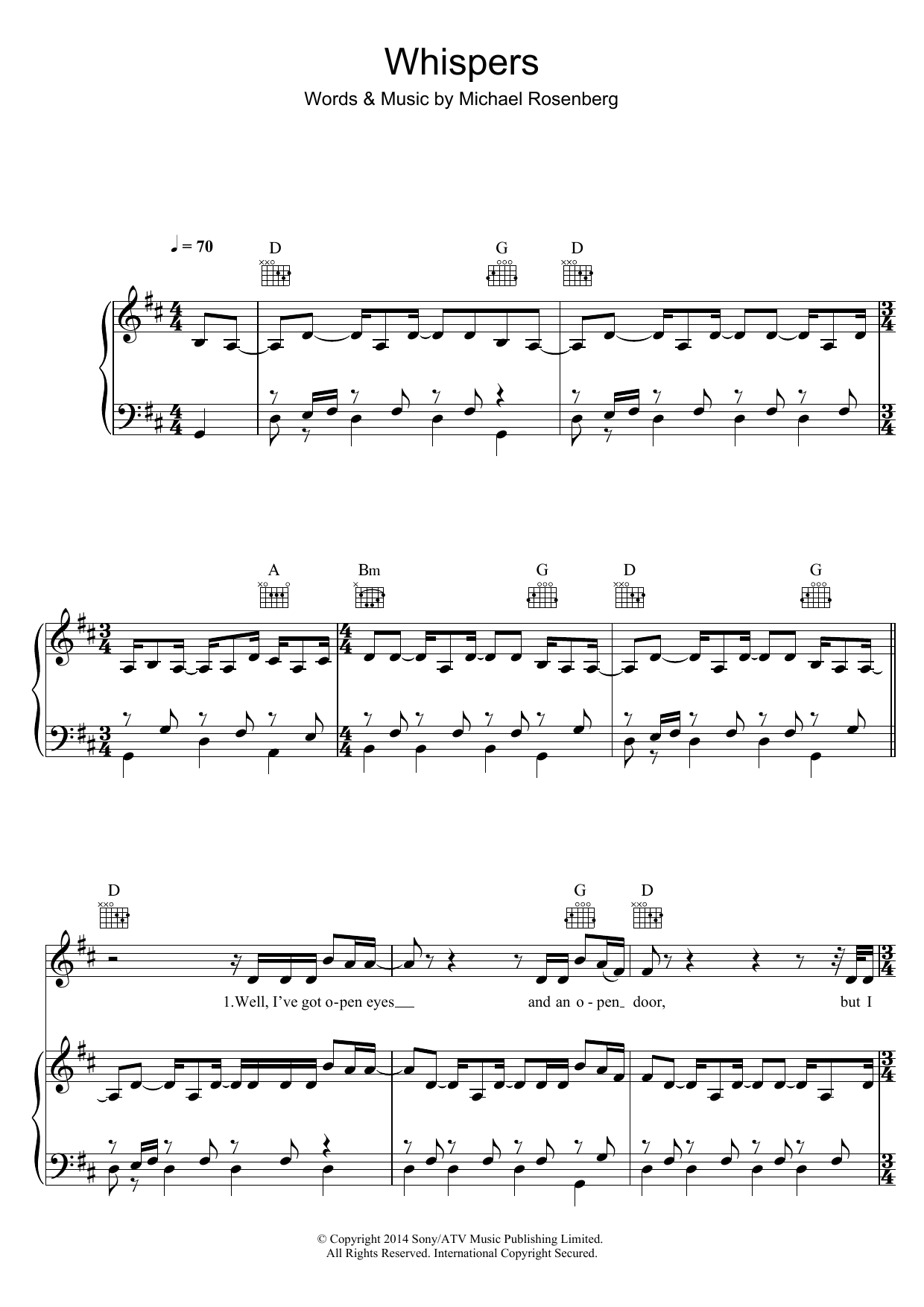 Passenger Whispers sheet music notes and chords arranged for Piano, Vocal & Guitar Chords
