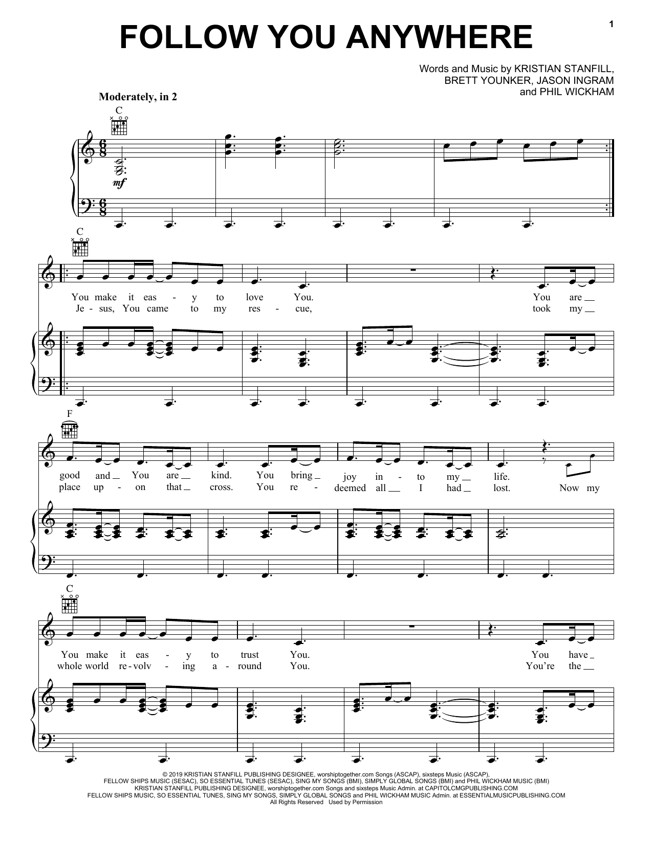 Passion Follow You Anywhere sheet music notes and chords arranged for Piano, Vocal & Guitar Chords (Right-Hand Melody)