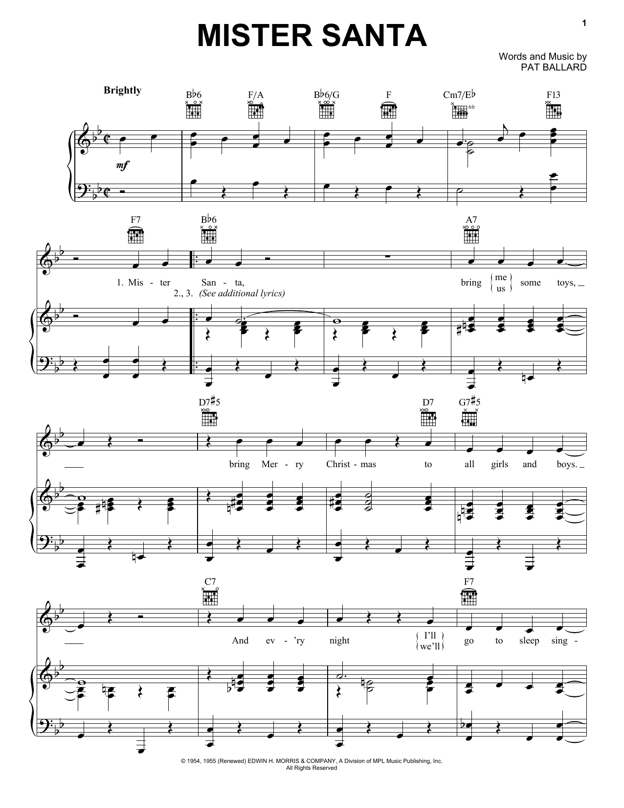 Pat Ballard Mister Santa sheet music notes and chords arranged for 5-Finger Piano