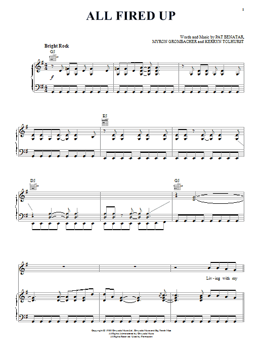 Pat Benatar All Fired Up sheet music notes and chords arranged for Piano, Vocal & Guitar Chords (Right-Hand Melody)