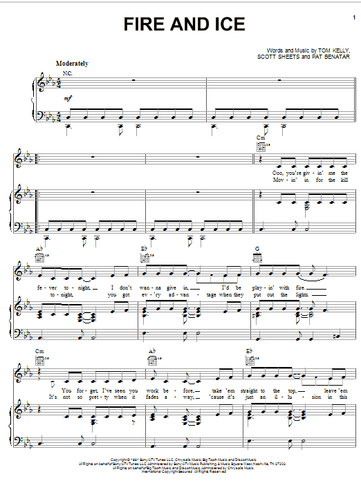 Pat Benatar Fire And Ice sheet music notes and chords arranged for Piano, Vocal & Guitar Chords (Right-Hand Melody)