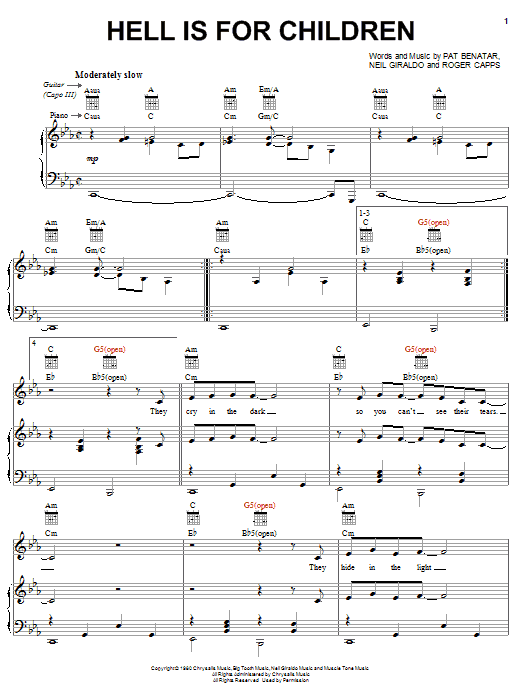 Pat Benatar Hell Is For Children sheet music notes and chords arranged for Piano, Vocal & Guitar Chords (Right-Hand Melody)