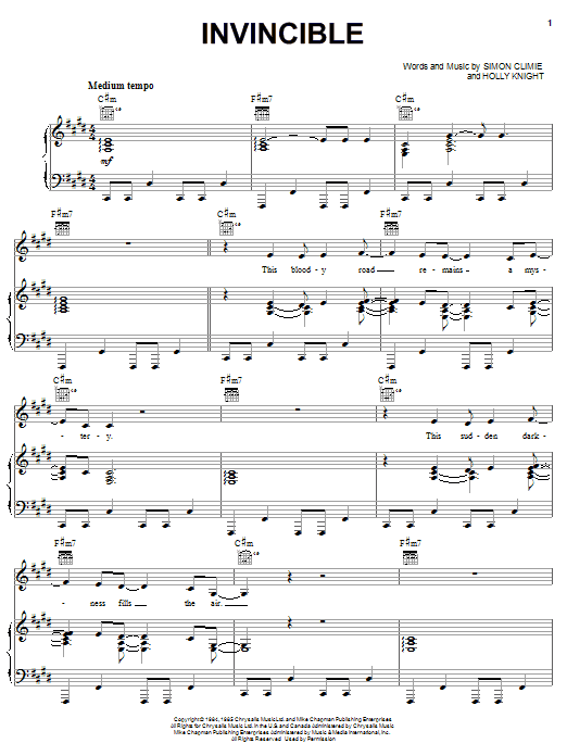 Pat Benatar Invincible sheet music notes and chords arranged for Piano, Vocal & Guitar Chords (Right-Hand Melody)