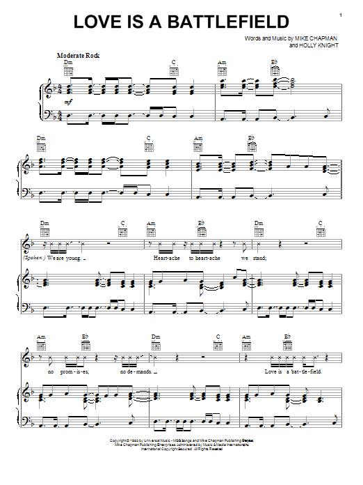 Pat Benatar Love Is A Battlefield sheet music notes and chords arranged for Easy Piano