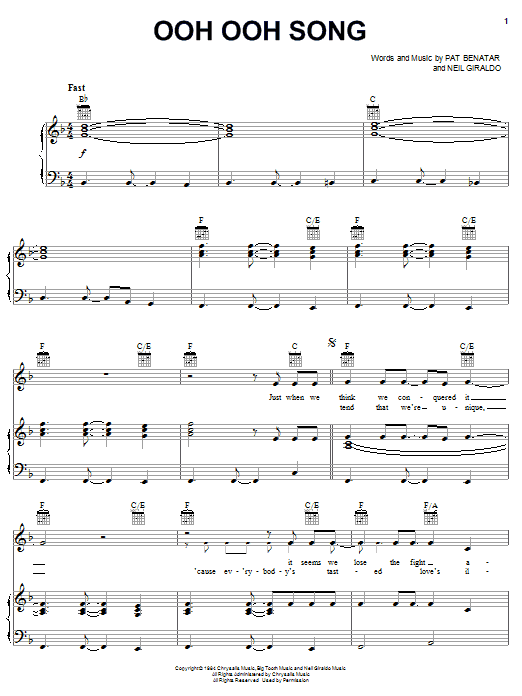 Pat Benatar Ooh Ooh Song sheet music notes and chords arranged for Piano, Vocal & Guitar Chords (Right-Hand Melody)