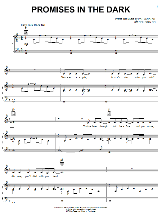 Pat Benatar Promises In The Dark sheet music notes and chords arranged for Piano, Vocal & Guitar Chords (Right-Hand Melody)