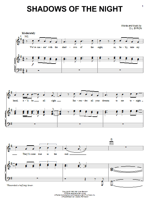 Pat Benatar Shadows Of The Night sheet music notes and chords arranged for Piano, Vocal & Guitar Chords (Right-Hand Melody)