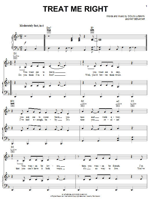 Pat Benatar Treat Me Right sheet music notes and chords arranged for Piano, Vocal & Guitar Chords (Right-Hand Melody)