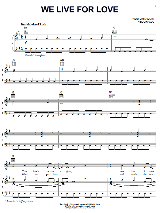 Pat Benatar We Live For Love sheet music notes and chords arranged for Piano, Vocal & Guitar Chords (Right-Hand Melody)