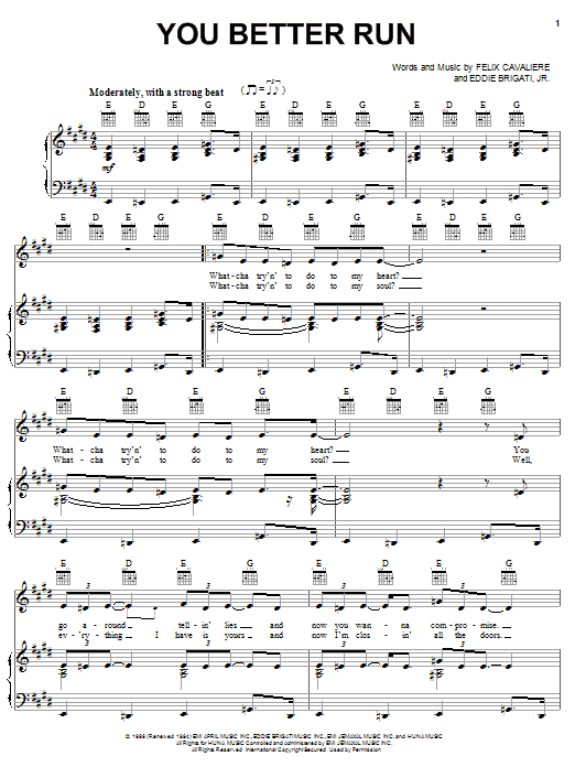 Pat Benatar You Better Run sheet music notes and chords arranged for Piano, Vocal & Guitar Chords (Right-Hand Melody)