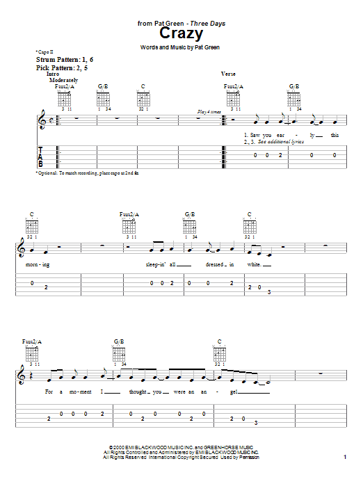 Pat Green Crazy sheet music notes and chords arranged for Easy Guitar Tab