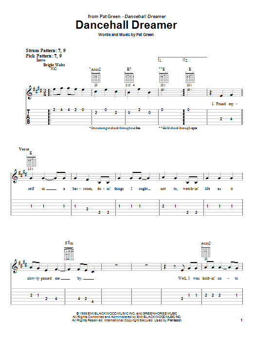 Pat Green Dancehall Dreamer sheet music notes and chords arranged for Easy Guitar Tab