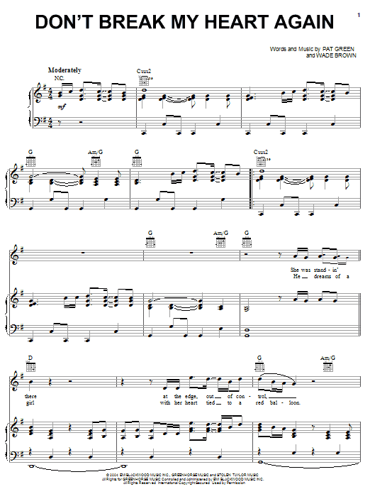 Pat Green Don't Break My Heart Again sheet music notes and chords arranged for Piano, Vocal & Guitar Chords (Right-Hand Melody)