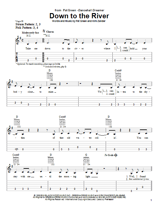 Pat Green Down To The River sheet music notes and chords arranged for Easy Guitar Tab