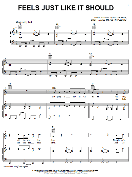 Pat Green Feels Just Like It Should sheet music notes and chords arranged for Piano, Vocal & Guitar Chords (Right-Hand Melody)
