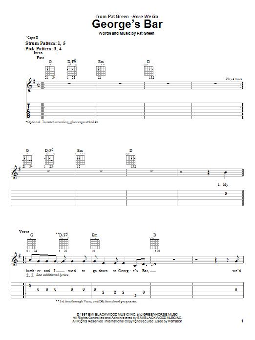Pat Green George's Bar sheet music notes and chords arranged for Easy Guitar Tab