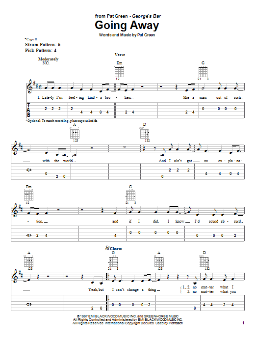 Pat Green Going Away sheet music notes and chords arranged for Easy Guitar Tab