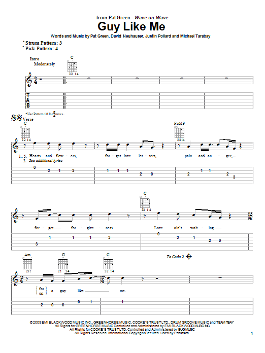 Pat Green Guy Like Me sheet music notes and chords arranged for Easy Guitar Tab