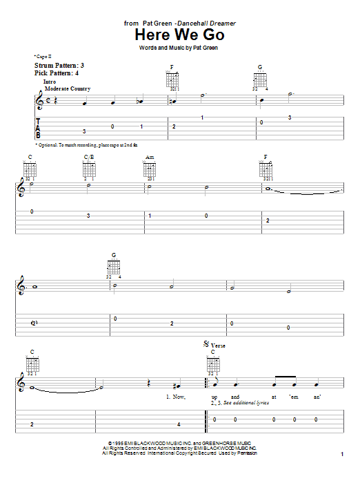 Pat Green Here We Go sheet music notes and chords arranged for Easy Guitar Tab
