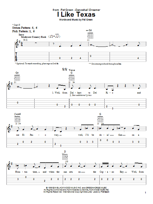 Pat Green I Like Texas sheet music notes and chords arranged for Easy Guitar Tab