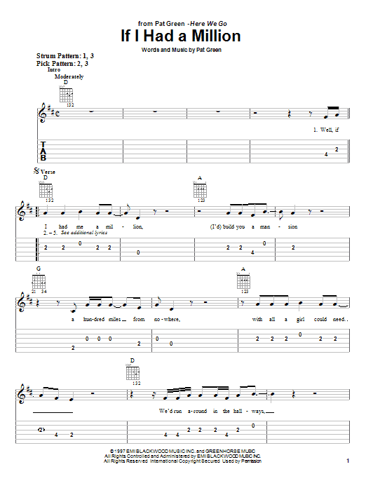 Pat Green If I Had A Million sheet music notes and chords arranged for Easy Guitar Tab