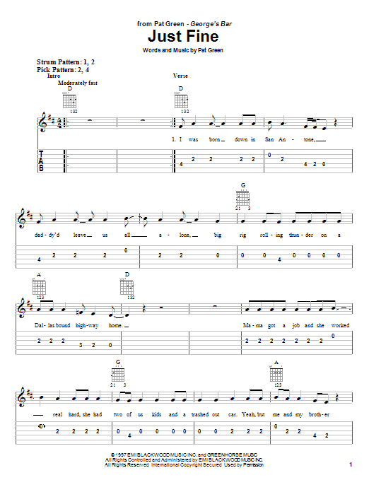 Pat Green Just Fine sheet music notes and chords arranged for Easy Guitar Tab