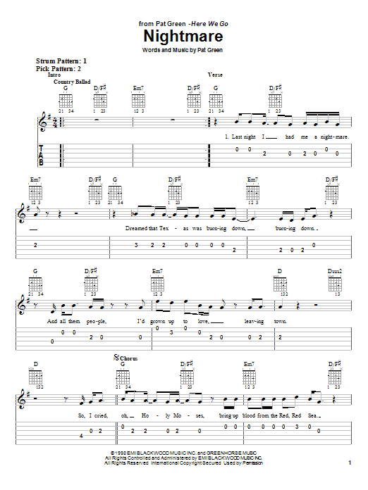 Pat Green Nightmare sheet music notes and chords arranged for Easy Guitar Tab