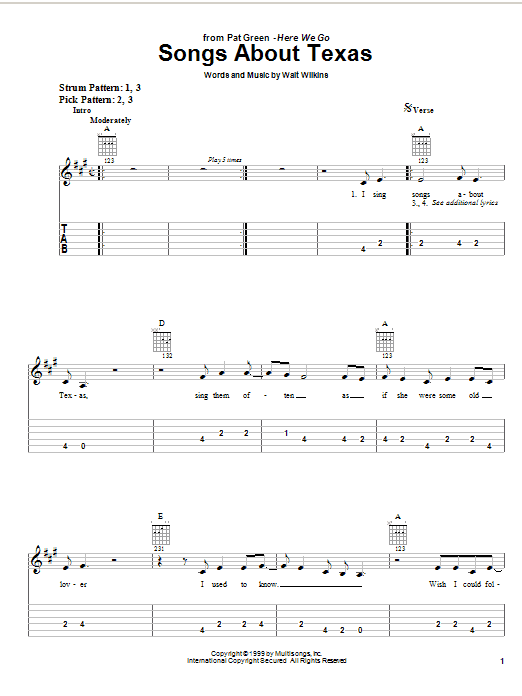 Pat Green Songs About Texas sheet music notes and chords arranged for Easy Guitar Tab