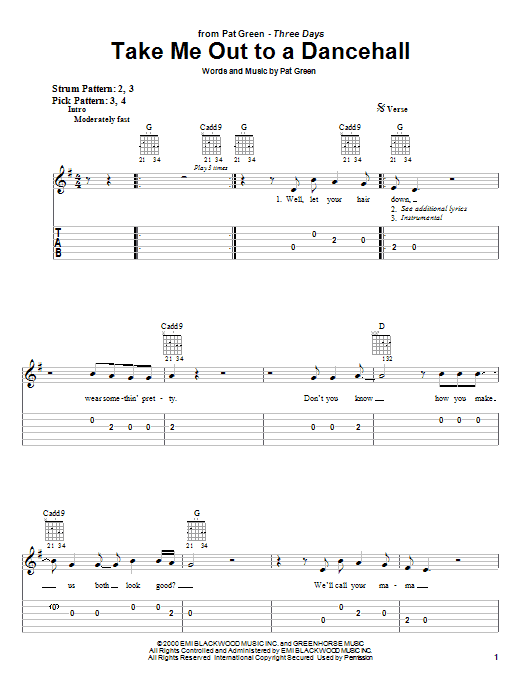 Pat Green Take Me Out To A Dancehall sheet music notes and chords arranged for Easy Guitar Tab