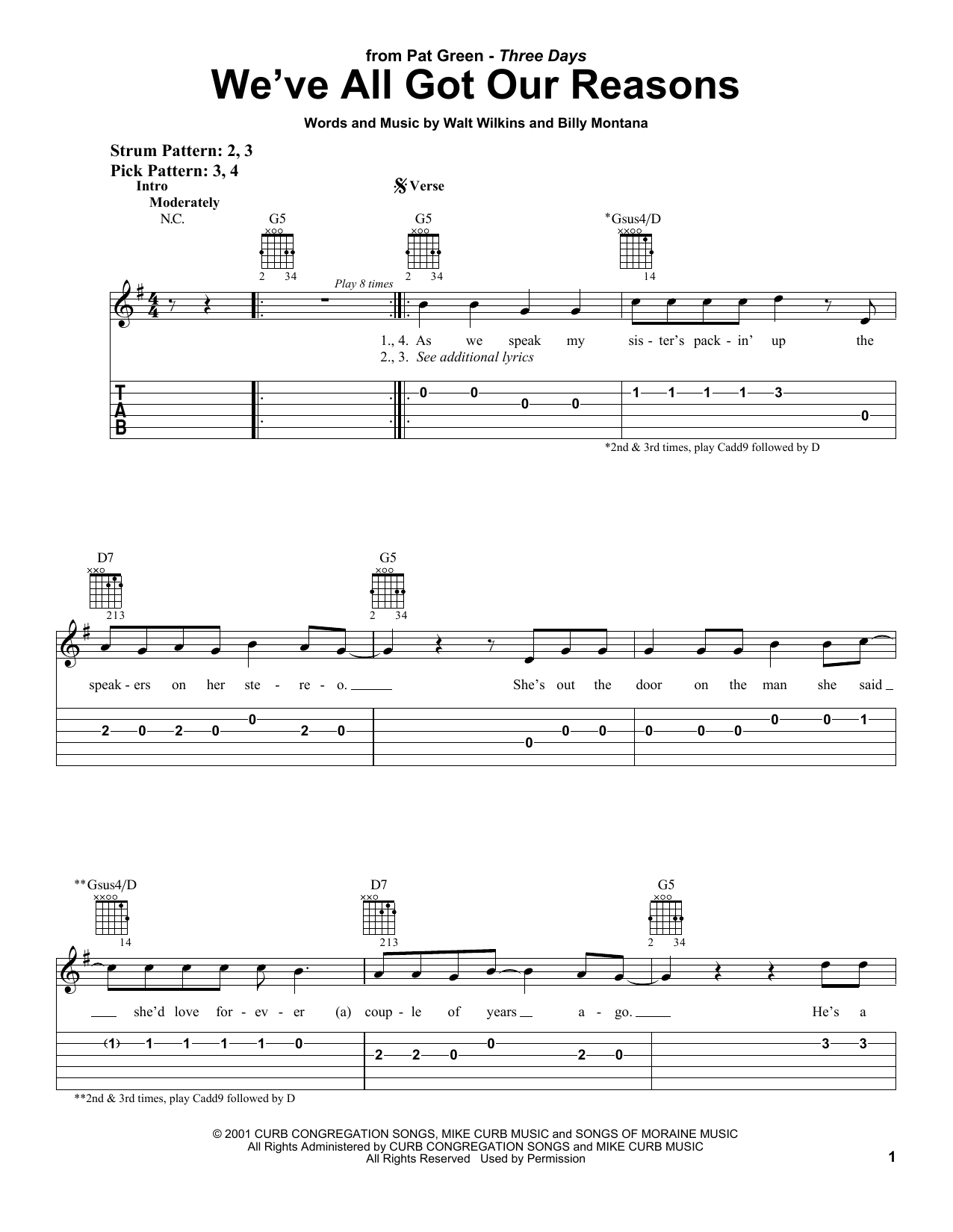 Pat Green We've All Got Our Reasons sheet music notes and chords arranged for Easy Guitar Tab