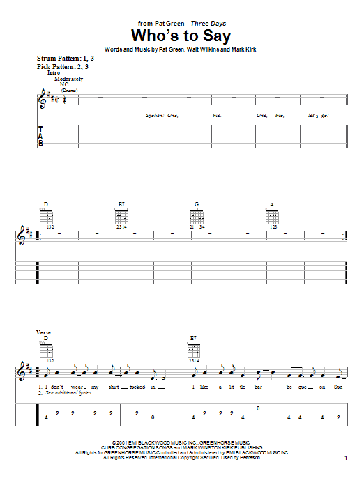 Pat Green Who's To Say sheet music notes and chords arranged for Easy Guitar Tab
