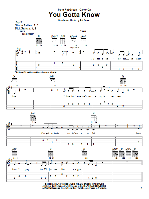 Pat Green You Gotta Know sheet music notes and chords arranged for Easy Guitar Tab