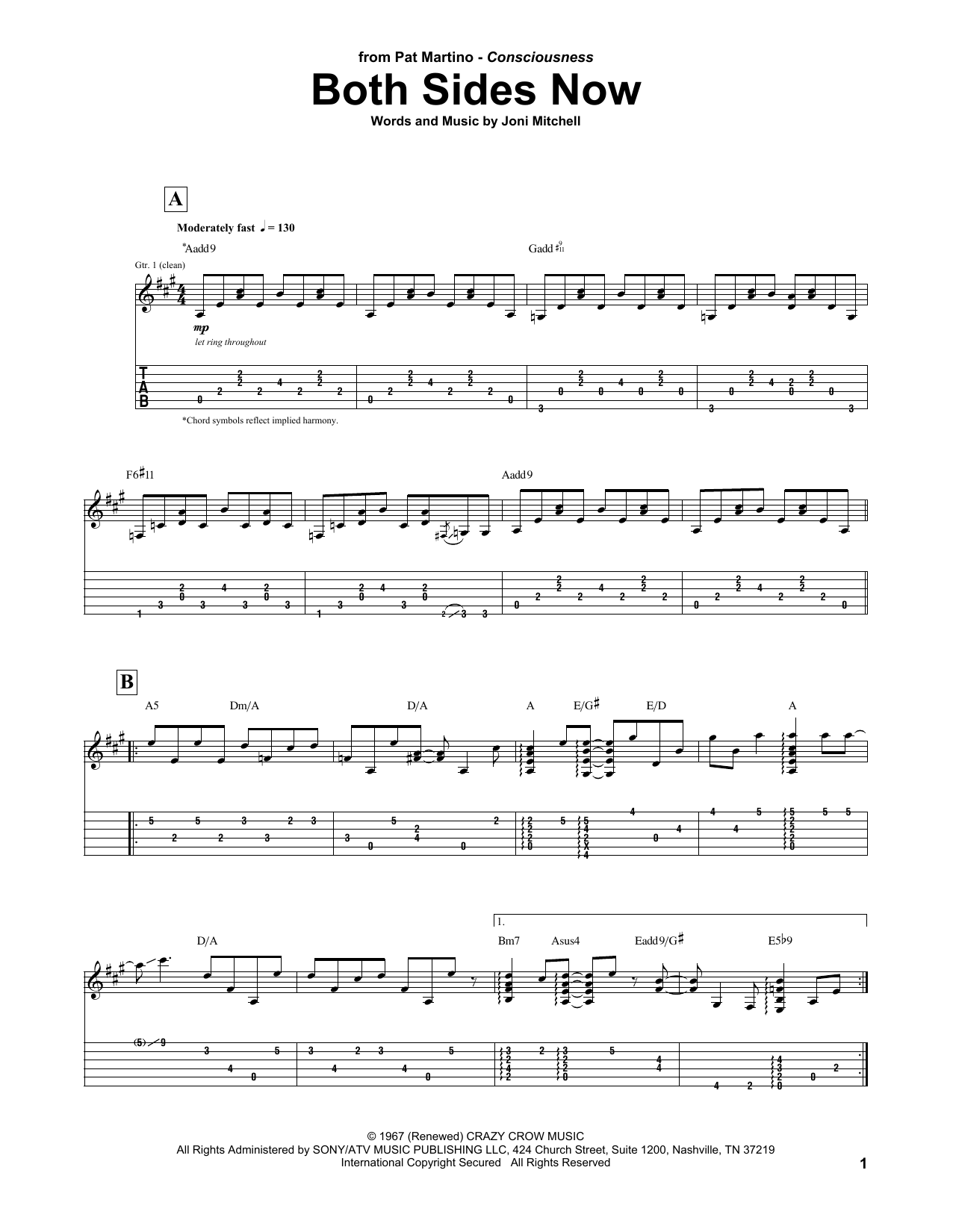 Pat Martino Both Sides Now sheet music notes and chords arranged for Guitar Tab