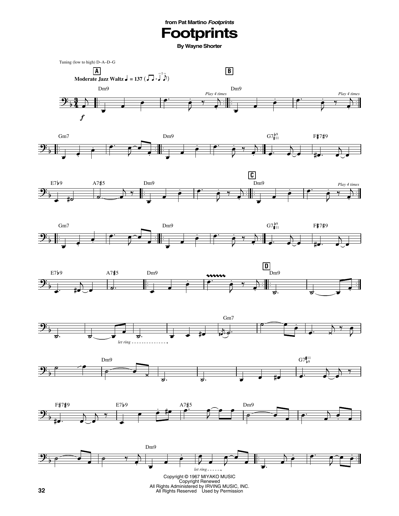 Pat Martino Footprints sheet music notes and chords arranged for String Bass Transcription