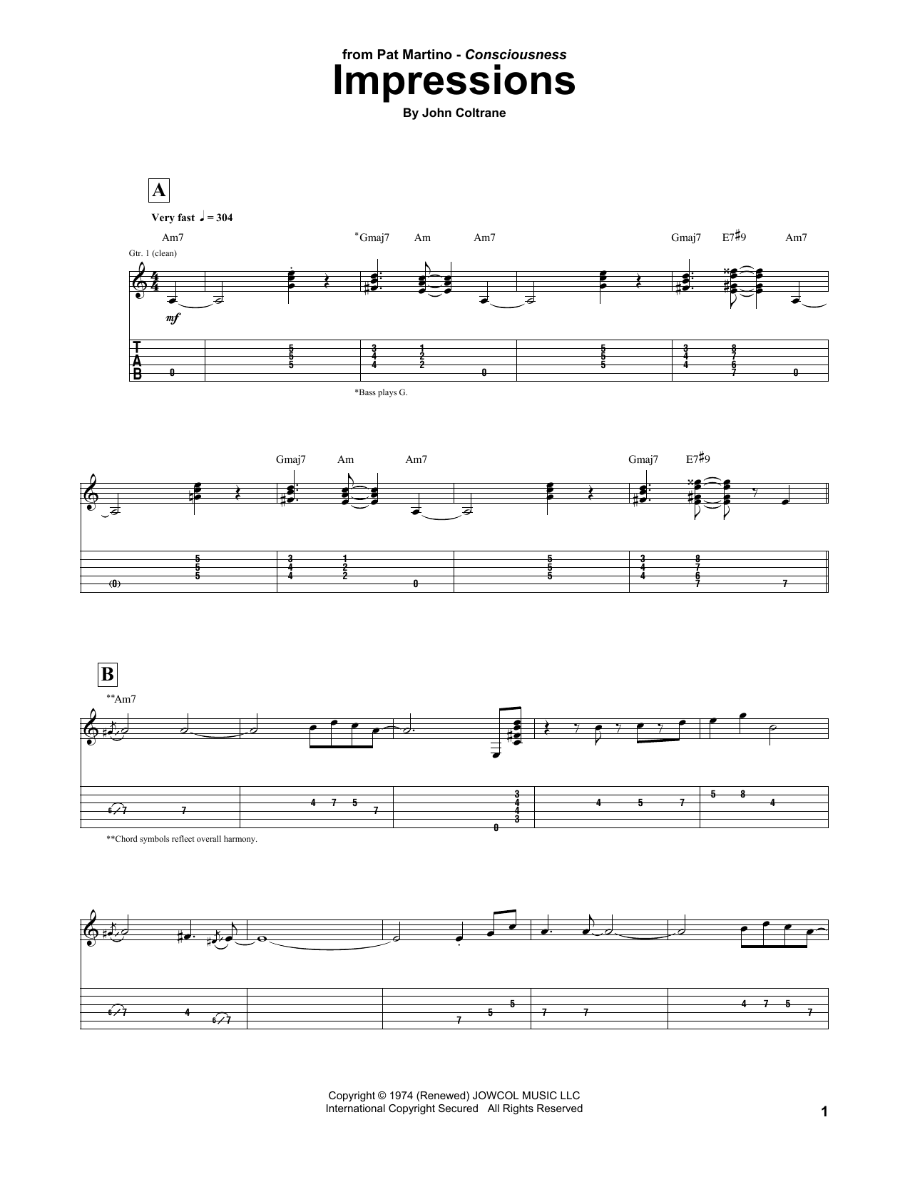 Pat Martino Impressions sheet music notes and chords arranged for Guitar Tab