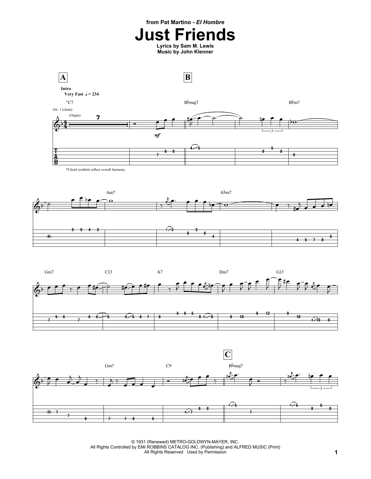 Pat Martino Just Friends sheet music notes and chords arranged for Guitar Tab