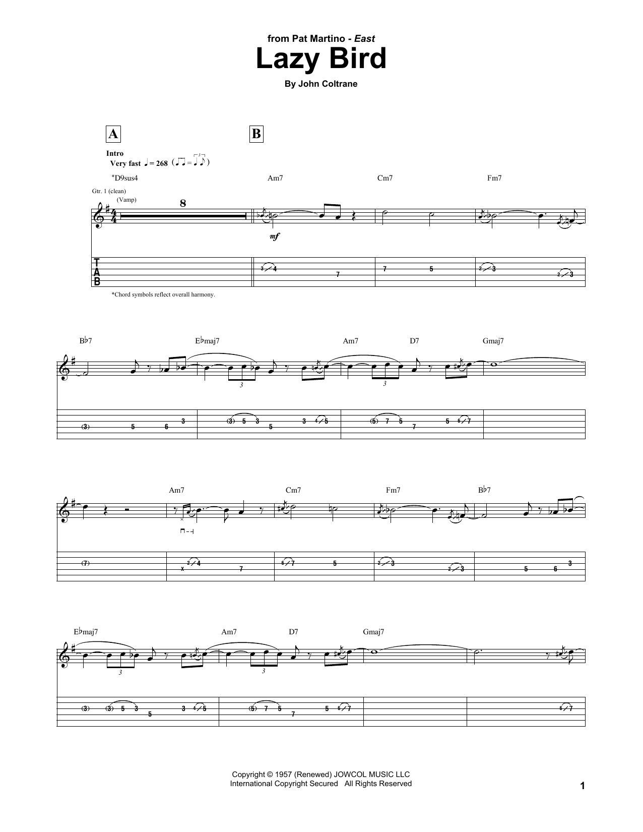 Pat Martino Lazy Bird sheet music notes and chords arranged for Guitar Tab