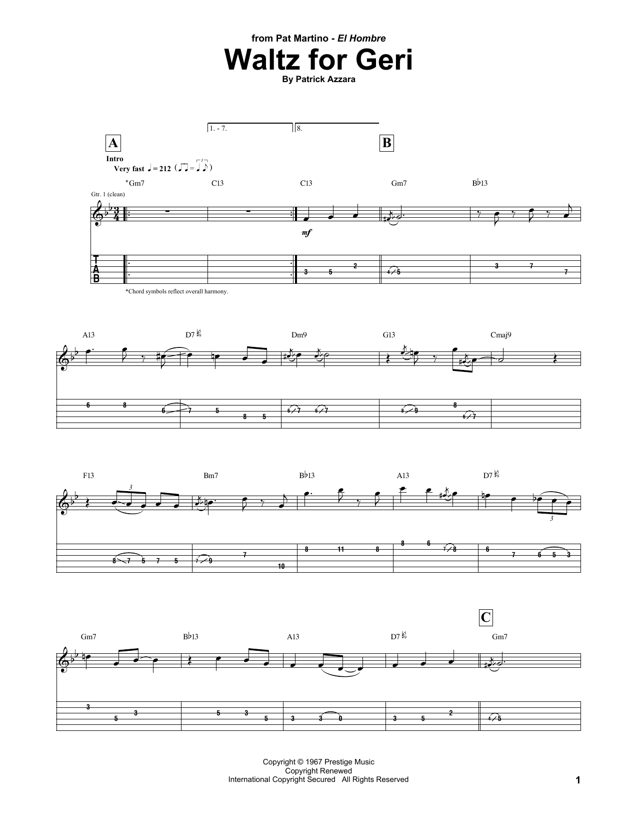 Pat Martino Waltz For Geri sheet music notes and chords arranged for Guitar Tab