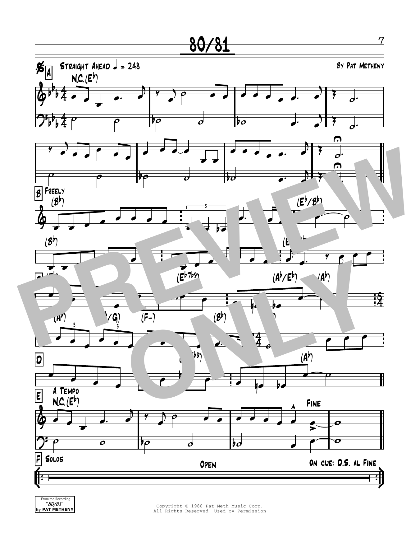 Pat Metheny 80/81 sheet music notes and chords arranged for Real Book – Melody & Chords