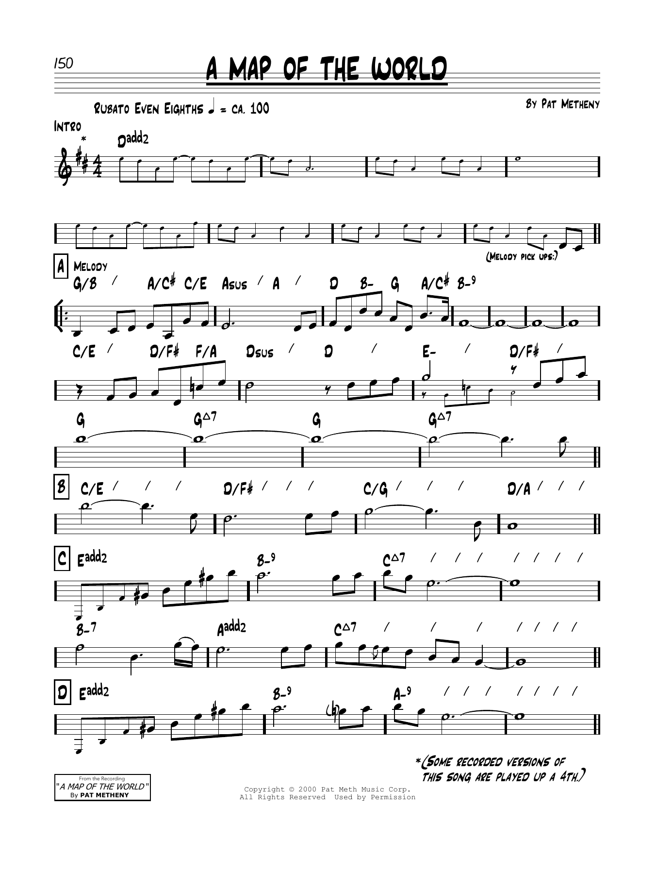 Pat Metheny A Map Of The World sheet music notes and chords arranged for Piano Solo