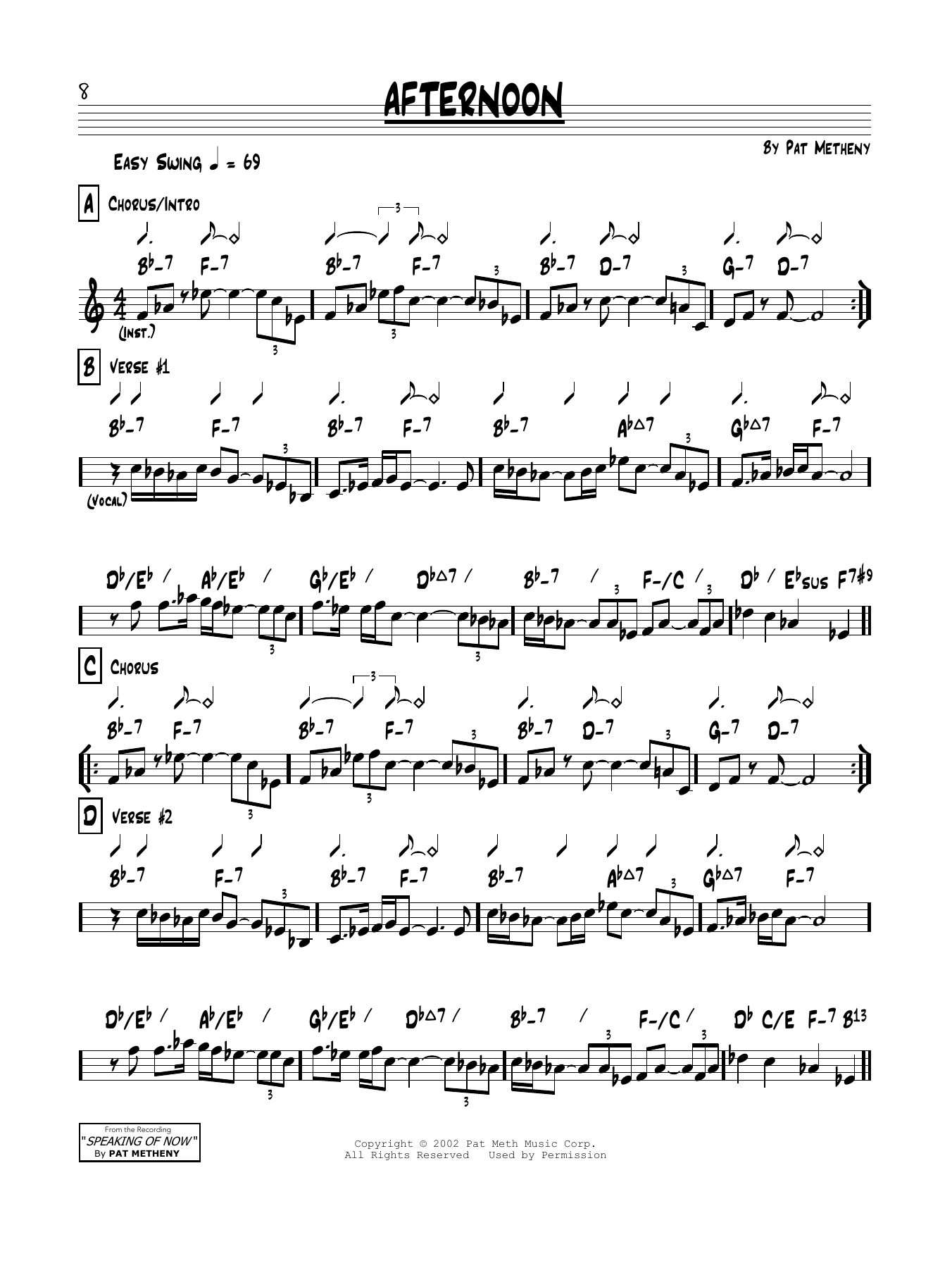 Pat Metheny Afternoon sheet music notes and chords arranged for Real Book – Melody & Chords